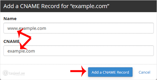 Click on CNAME Record , and a popup box will open. Please, enter the required details in it. Name: Enter the name you wish to add, such as www ,...