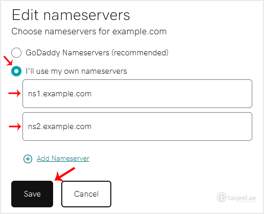 Choose the " I'll use my own nameservers " option, and enter your nameservers in the designated fields.