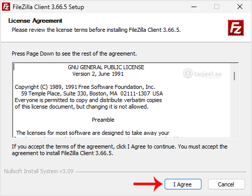 The FileZilla Client will show a License Agreement. Please, read it and accept the agreement to install the FileZilla Client