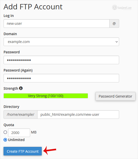 Under Add FTP Account , fill in the following details: Log in: Enter an FTP Username such as new-user (without space). Password: Enter your new...