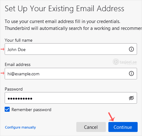 In the Mail Setup Account, fill out your name, full email address, and your email account password. Proceed with Continue.