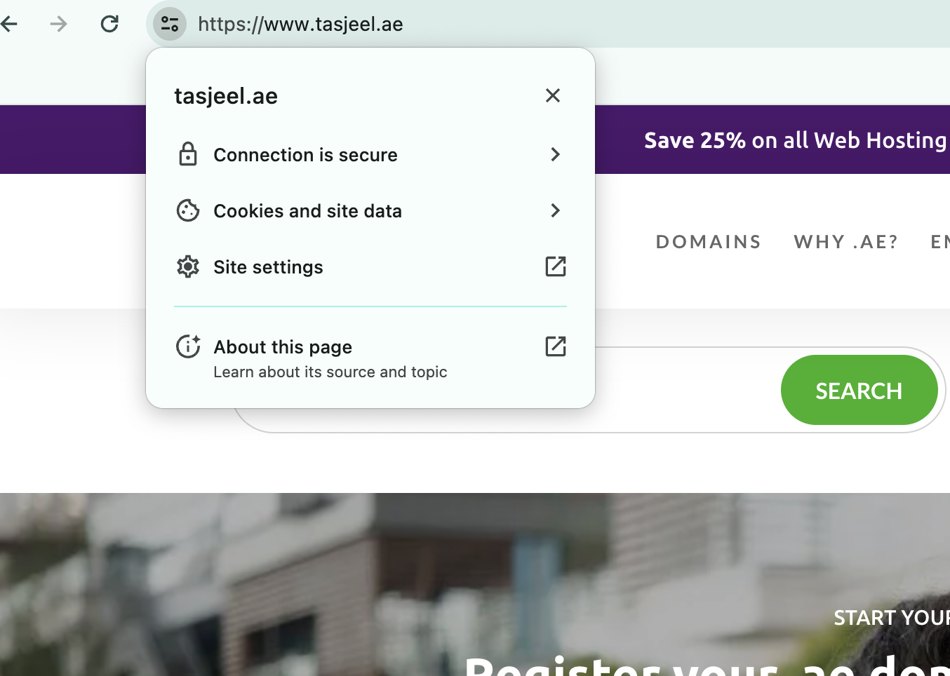 screenshot of tasjeel.ae website showing their SSL certificate