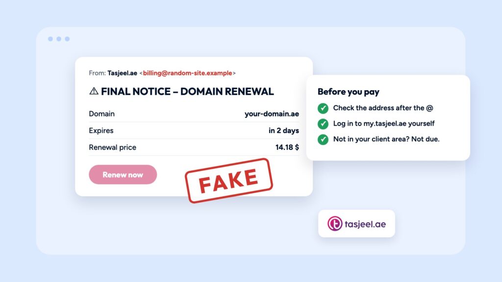 Fake domain renewal email stamped FAKE, with a checklist: check the address after the @, log in to my.tasjeel.ae yourself