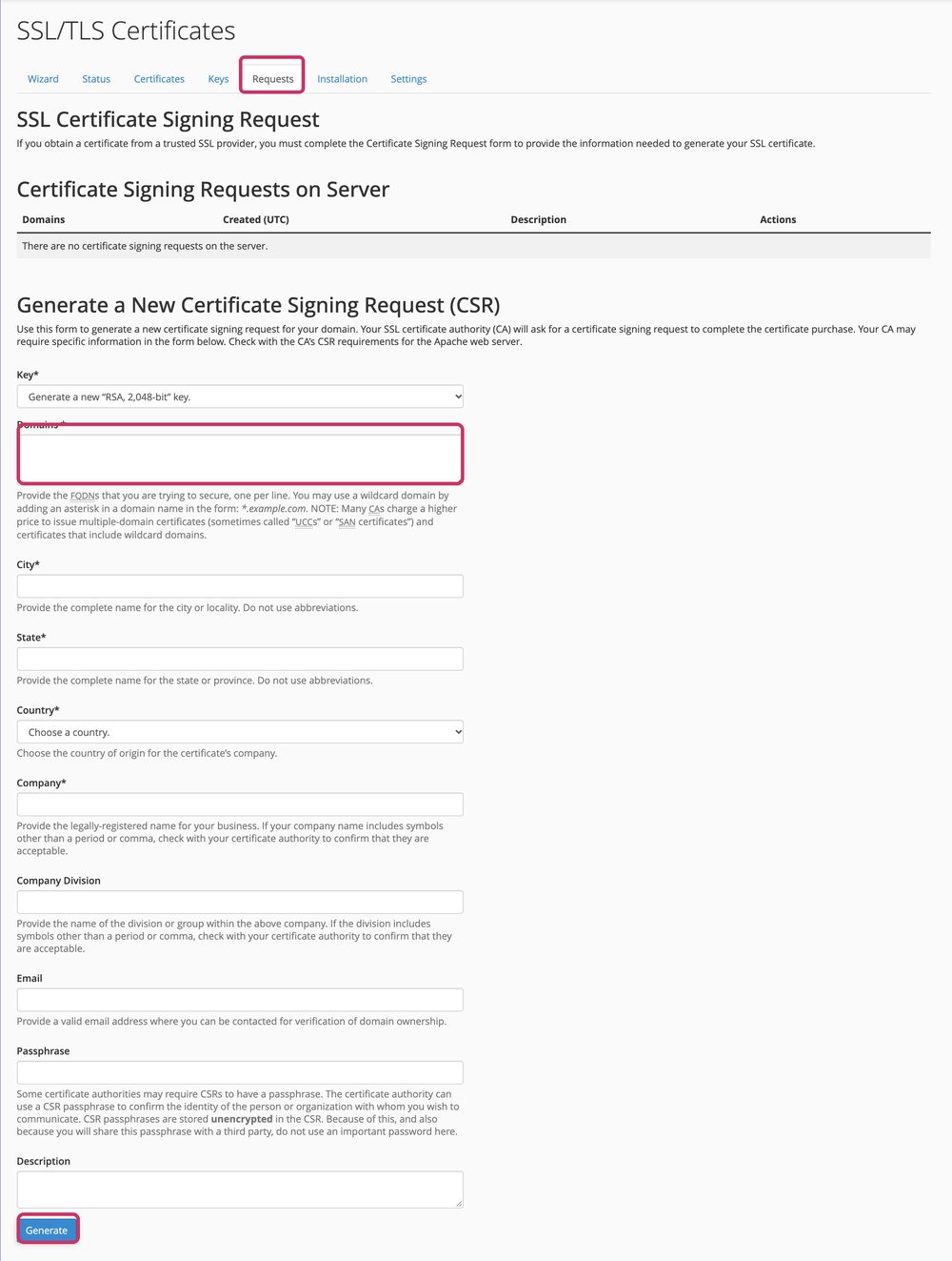 Domains, the details, then Generate