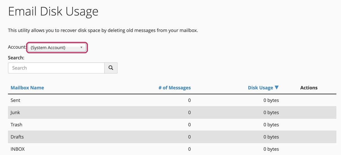 Email Disk Usage: choose the mailbox, then clear a folder