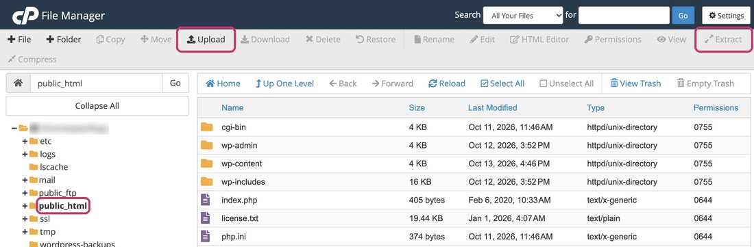 File Manager: public_html on the left, Upload and Extract at the top