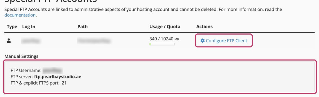 Configure FTP Client shows your FTP details (username blurred here)