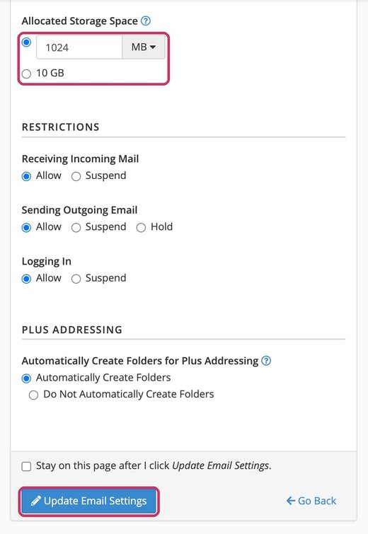 Allocated Storage Space and Update Email Settings