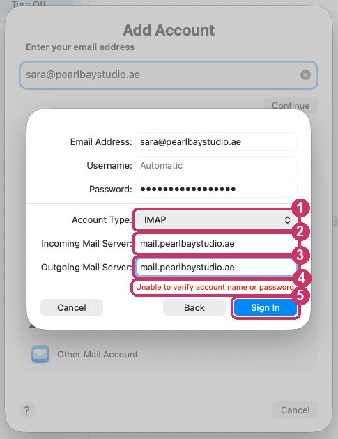 Account Type IMAP, both servers, then Sign In. The red message always shows here; ignore it