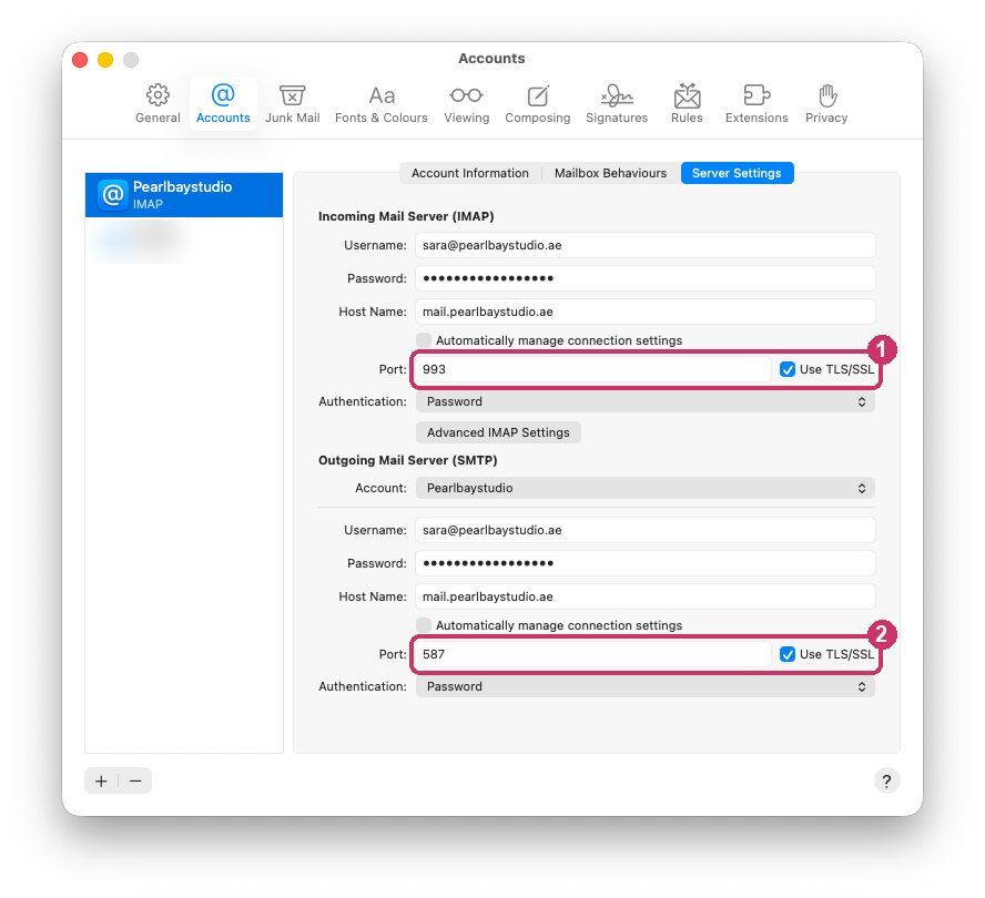 Server Settings: incoming port 993 and outgoing port 587, with Use TLS/SSL ticked