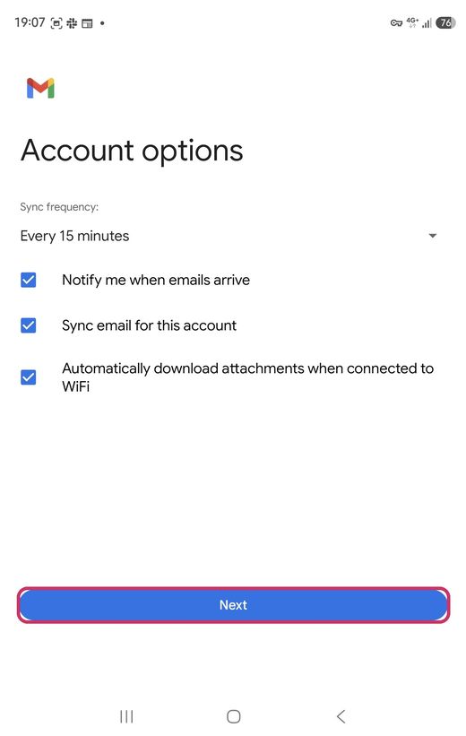 Account options: tap Next