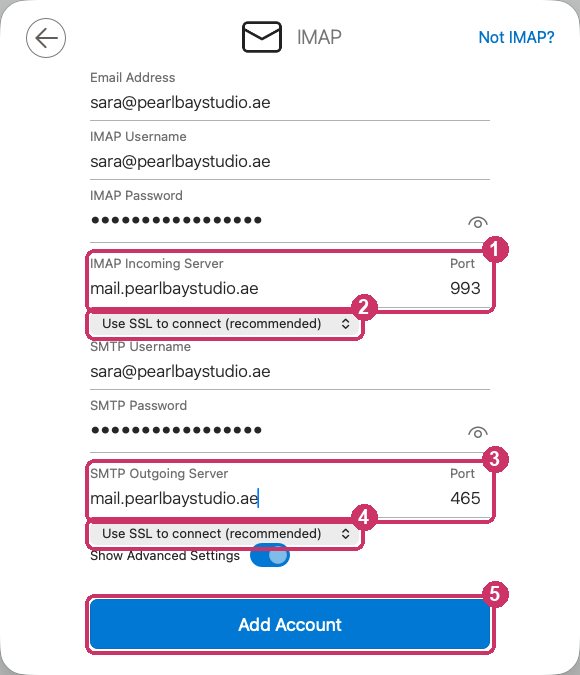 Both servers, ports 993 and 465, SSL, then Add Account