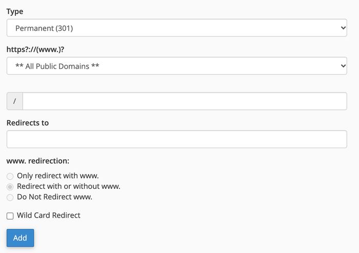 The Add Redirect form in cPanel