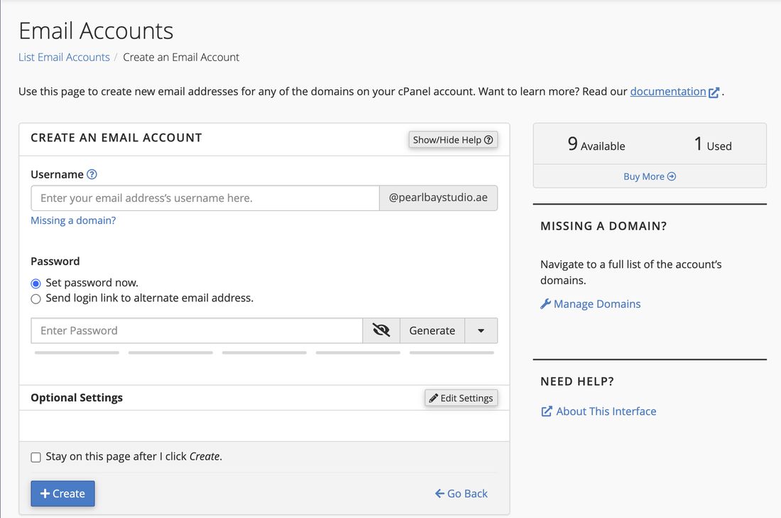 The Create an Email Account form