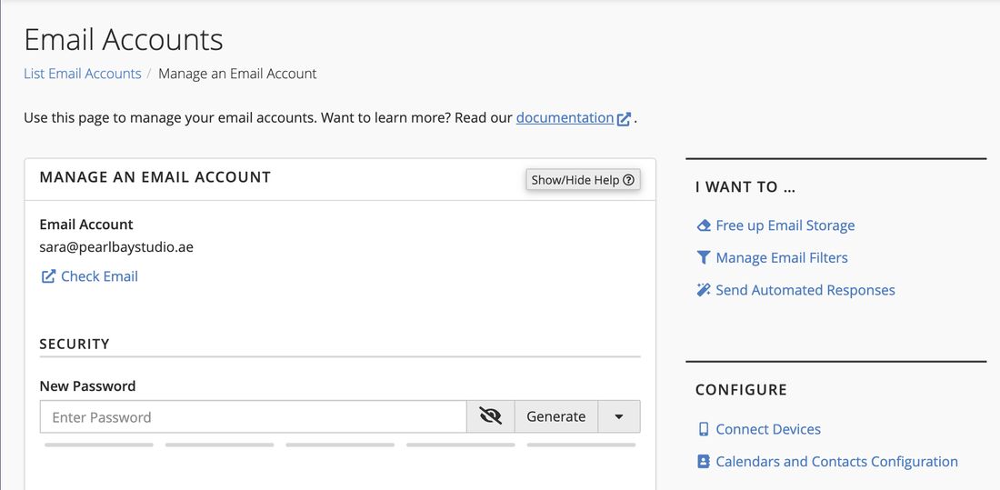 Manage an Email Account, with New Password under Security