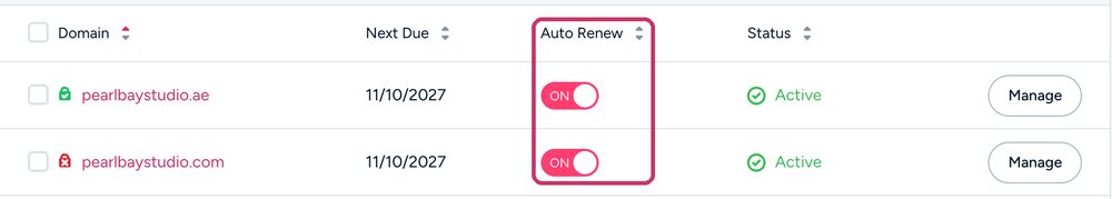 The Auto Renew switch for each domain in My Domains