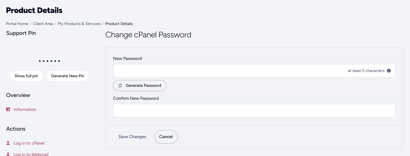 The Change cPanel Password form