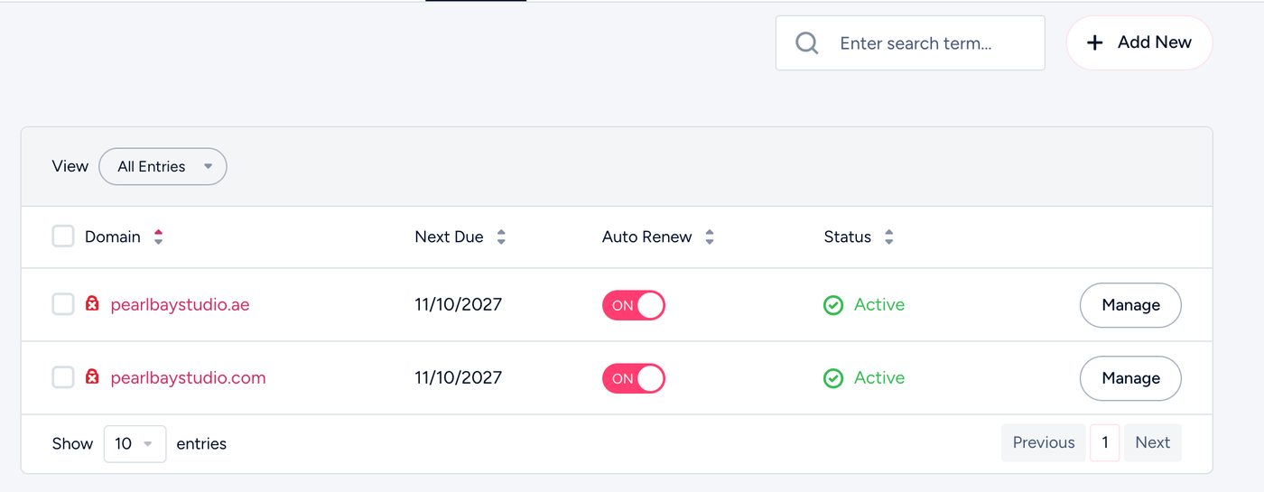 My Domains in the client area
