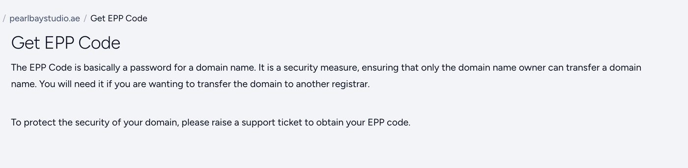 Get EPP Code in the client area asks you to raise a ticket