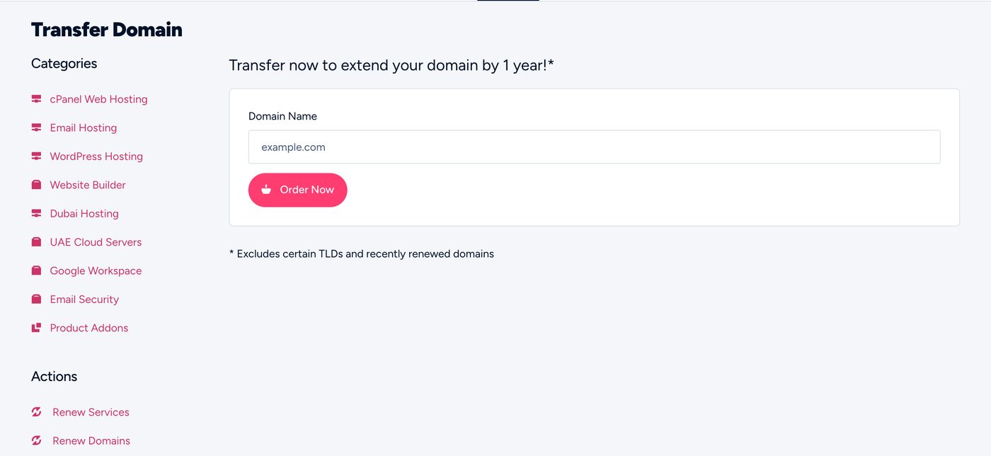 Transfer Domain in the client area